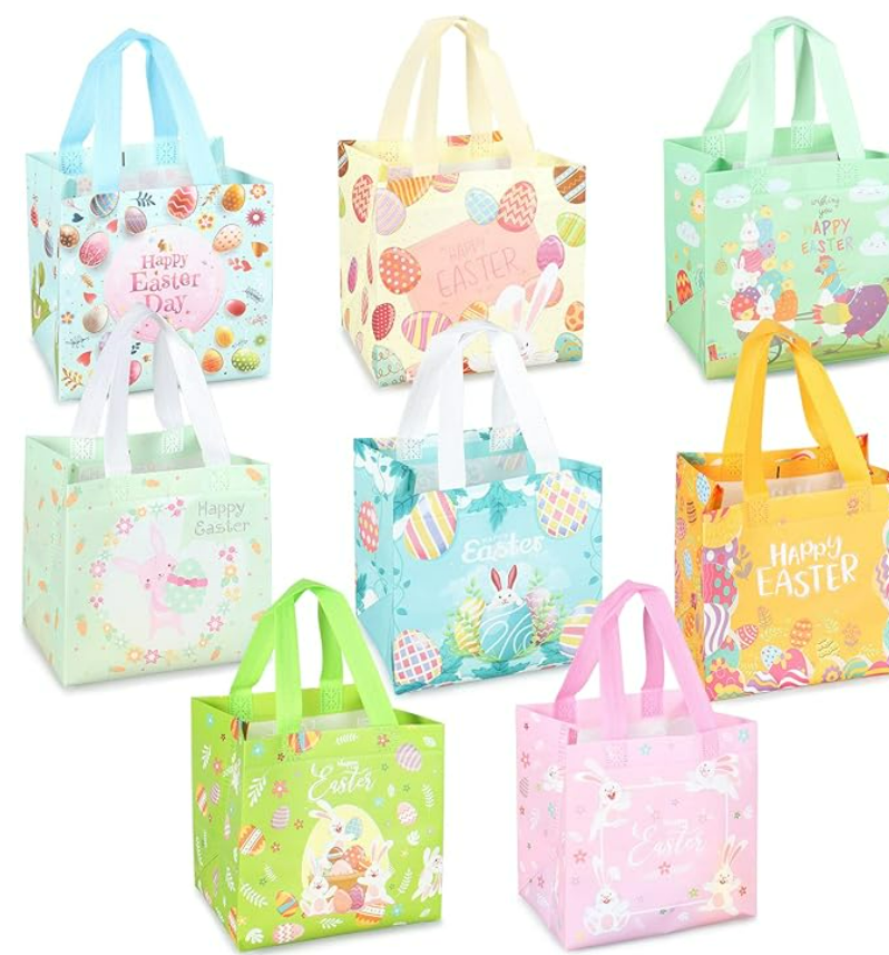 8 x Easter Egg Hunt Bags with Handles, Bunny Carrot Chick Egg Bags
